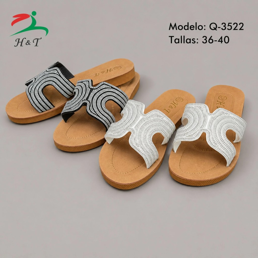 Sandalia Plana para Mujer con Pedrería y Diseño Ondulado / Q-3522
