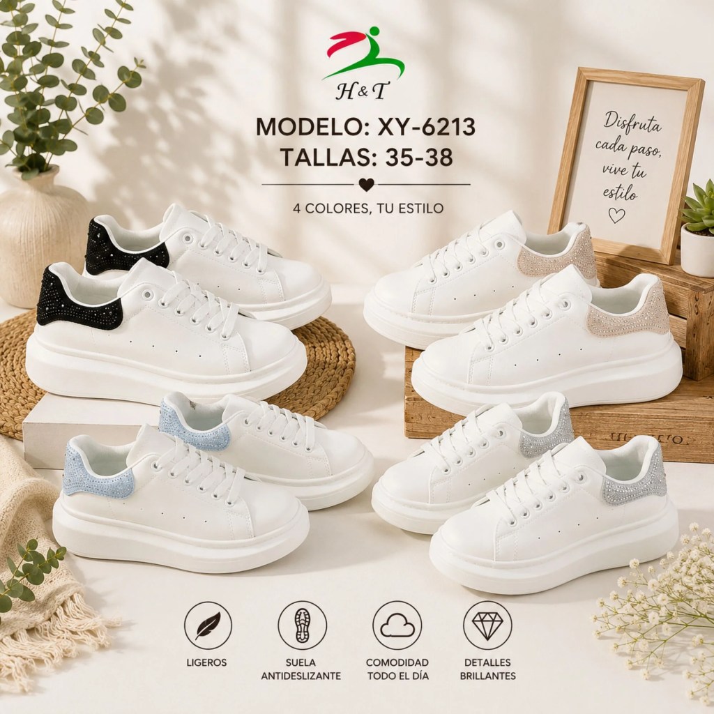 Tenis Blancos Plataforma para Mujer con Detalles Brillantes / XY-6213